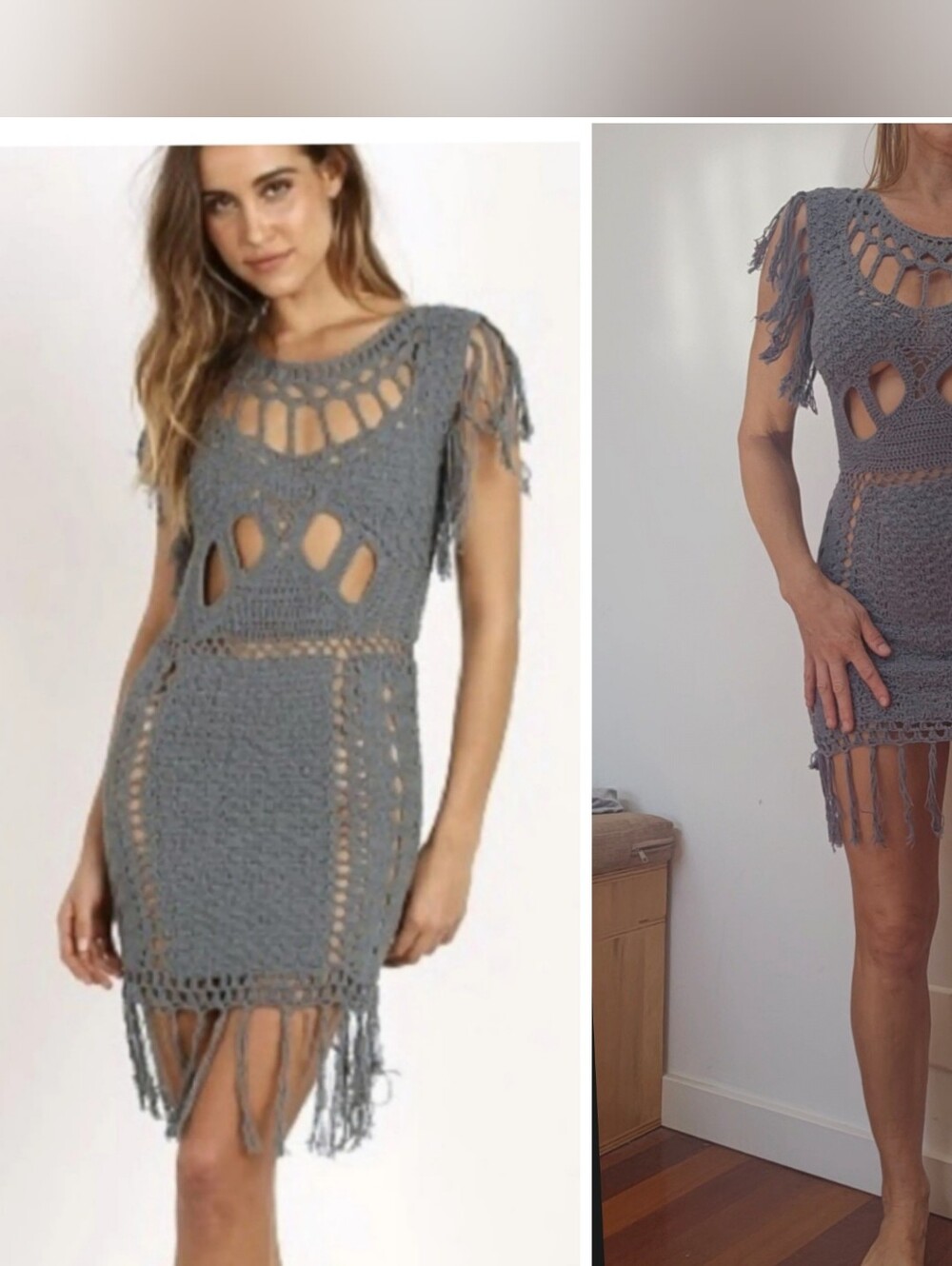 Cleobella amei Slate Gray Crochet Cut Out Fringe Mini Dress S Headshots